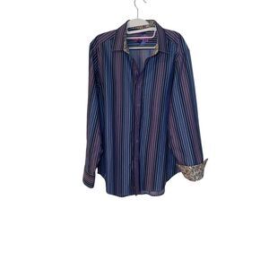 Robert Graham Mens Purple Pink Striped Dress Shirt L Cocktails Flip Cuff